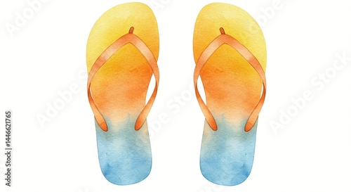 Pair of watercolor flip-flops fading from yellow to blue, perfect for beach days.