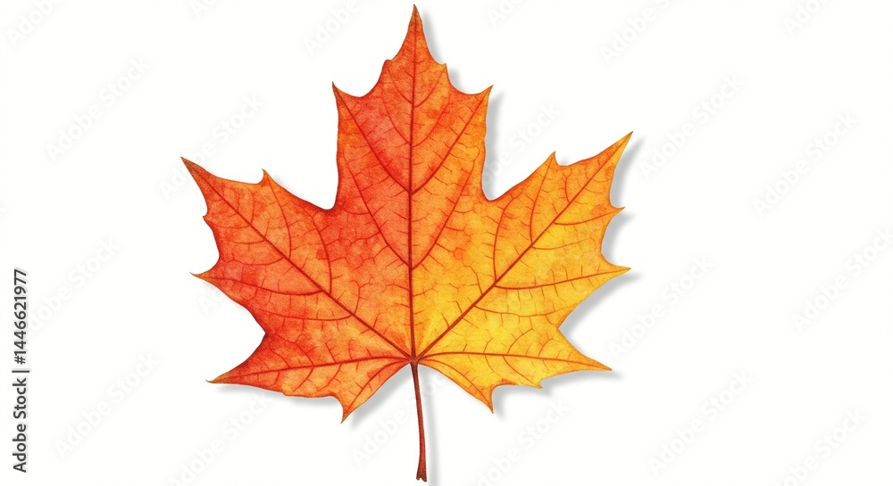 Autumnal Maple Leaf in vibrant gradient from red to yellow on a stark white backdrop. Autumnal Maple Leaf in vibrant gradient from red to yellow on a stark white backdrop.
