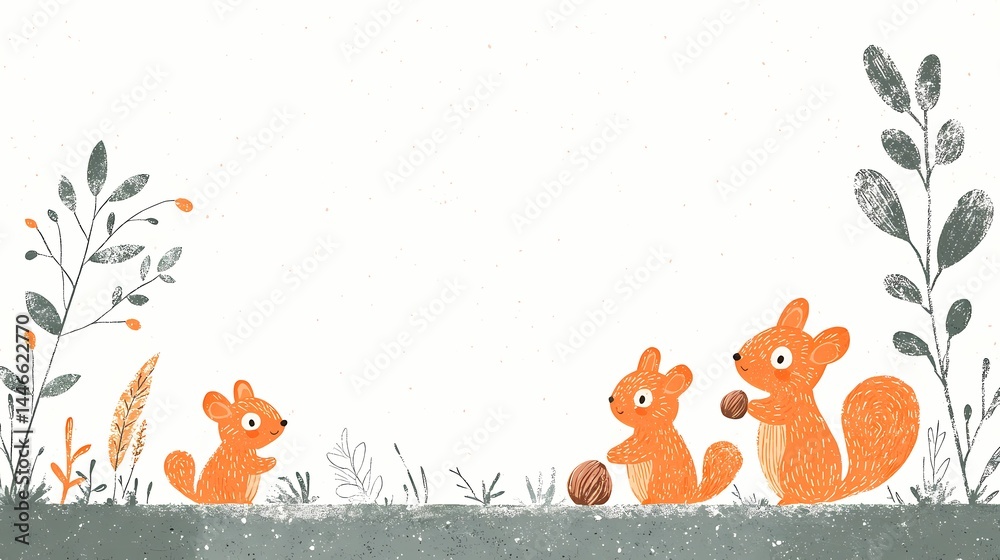Fototapeta premium Cute Squirrel Family Playing with Nuts, Adorable illustration of squirrels and plants