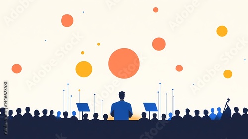 Conductor Leading Orchestra, Music Performance, Silhouette of conductor and audience at concert.