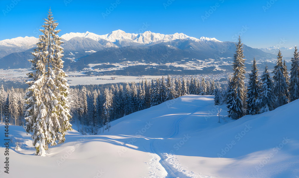 Obraz premium Snowy mountain landscape with clear skies, snow-covered trees, and a mountain range in the background