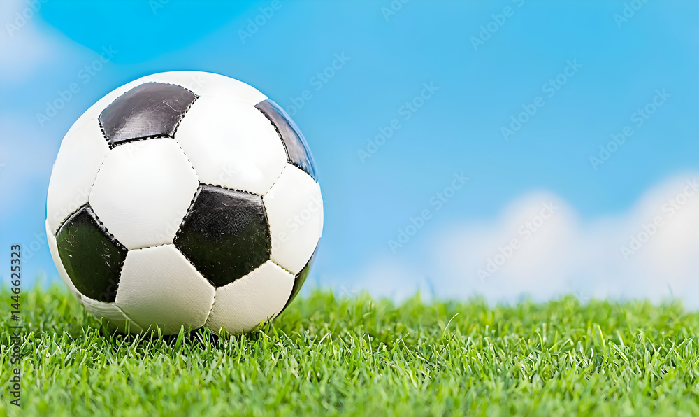 Fototapeta premium Soccer ball on bright green grass against a vibrant blue sky with fluffy clouds