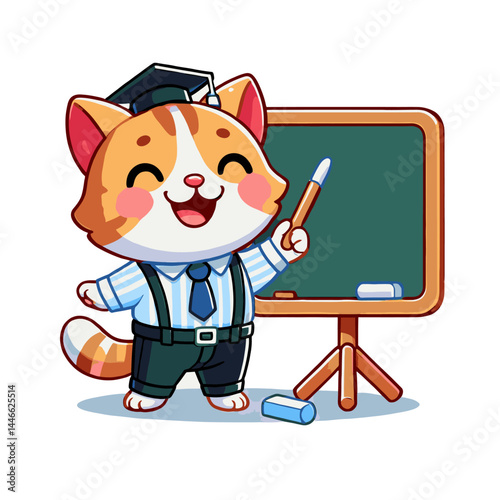 Ginger Cat Teacher Pointing to Chalkboard in Classroom with Joyful Expression