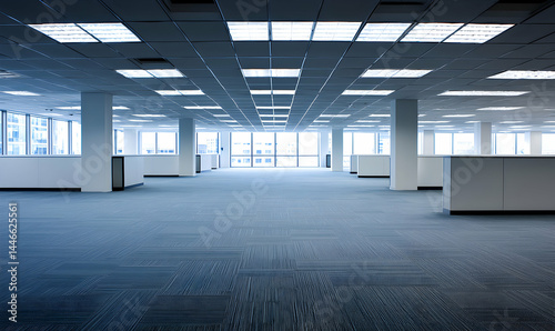 Spacious, empty office with blue carpet, white columns, large windows, and bright ceiling lights