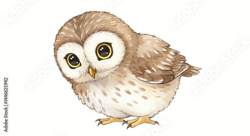  cute baby owl chick- Watercolor Illustration of an Owl with Large Eyes, on a White Background.