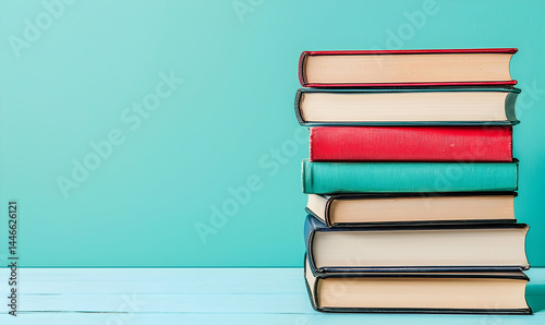Stacked books with red, teal, beige, and navy covers arranged on a light blue desk, background is a solid light teal color