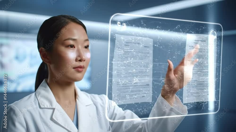 Futuristic Doctor reviewing patient files on holographic interface