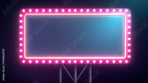 Large rectangular marquee sign with glowing pink neon lights and round bulbs on dark background, creating vibrant and eye catching display