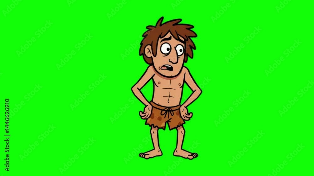 Cartoon caveman character idle animation on green screen