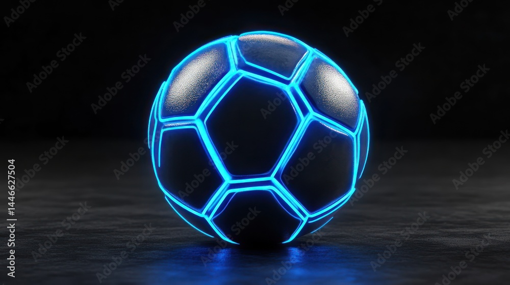 Fototapeta premium Futuristic soccer ball with glowing blue lines. Dark background and studio lighting highlight the ball's sleek design