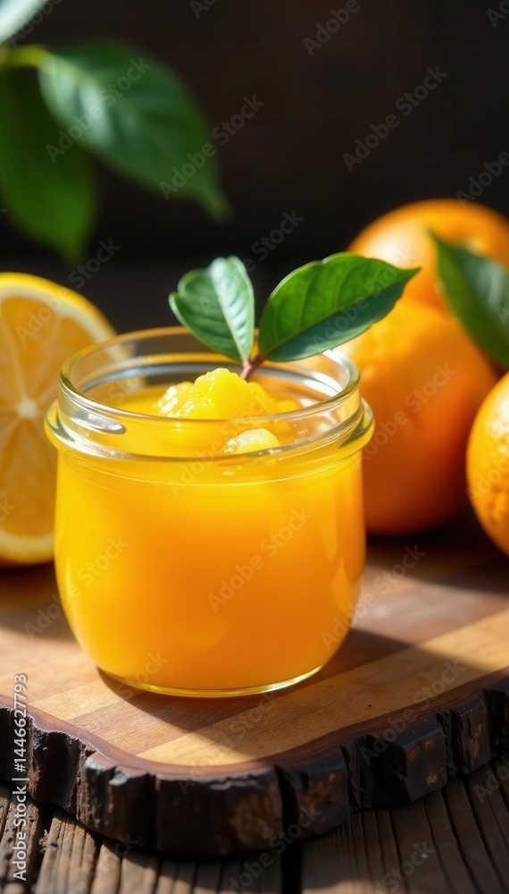 Fototapeta premium Sun-drenched citrus preserves, rustic wood board, botany, country, confectionery