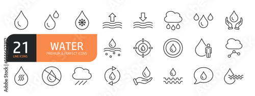 Set of line icons related to water, raindrop, oil, snow and more. Outline icons collection. Editable stroke. Vector illustration.