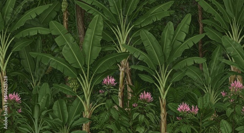Lush tropical jungle with banana trees and vibrant pink flowers