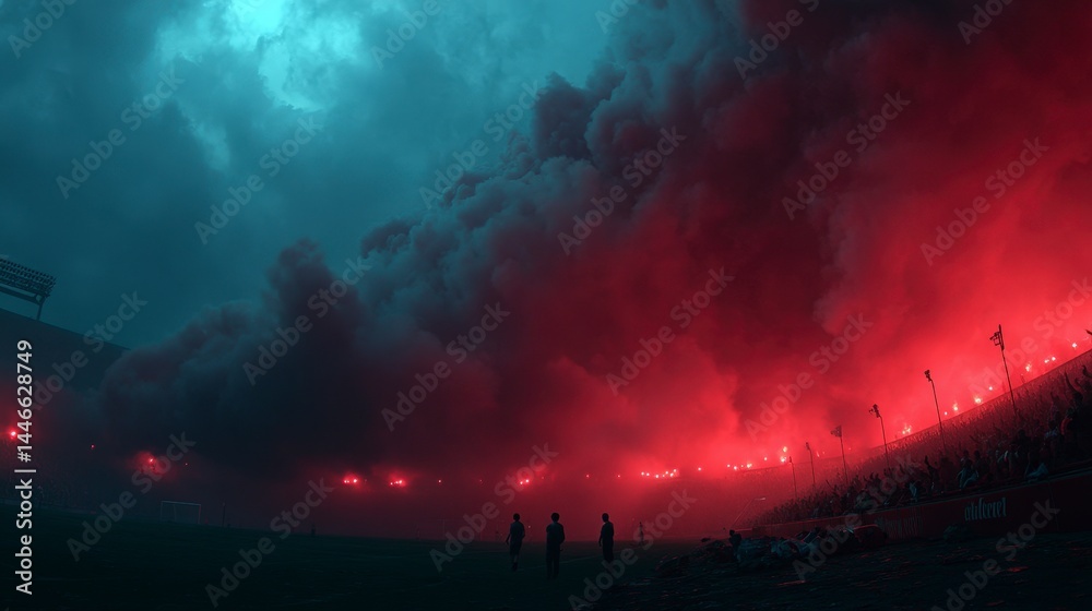 Fototapeta premium Dramatic Soccer Stadium Night Red Smoke Fans Ominous Atmosphere