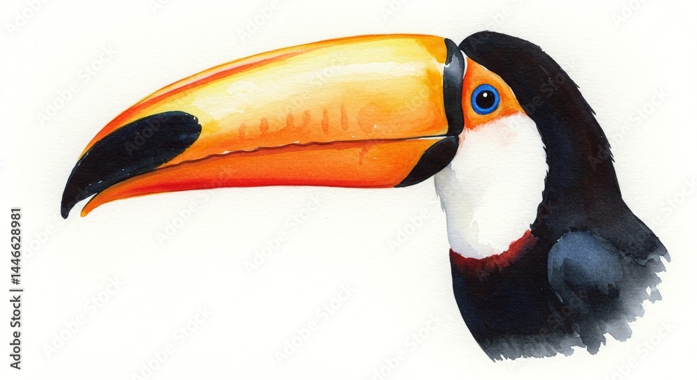 Obraz premium Watercolor painting showcasing a toucan's vivid beak and striking plumage on a white background.