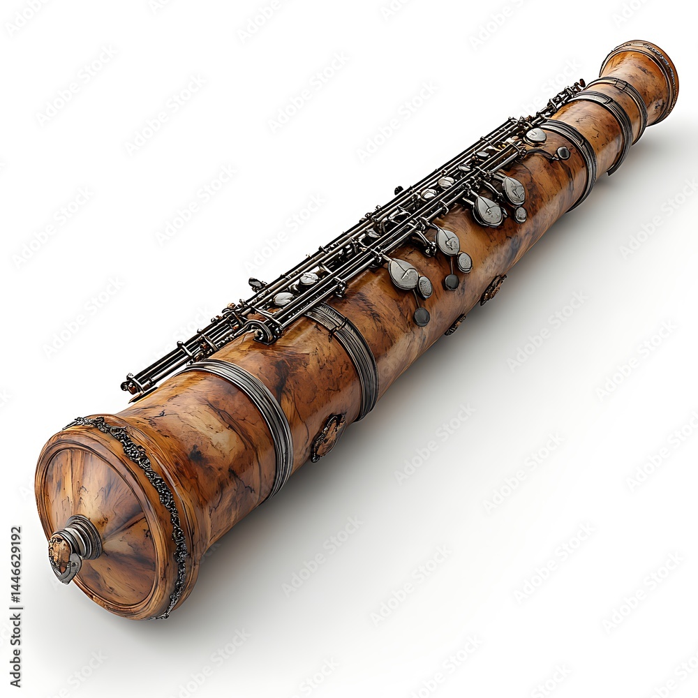 Naklejka premium Ornate Wooden Clarinet Musical Instrument Detailed Design High Resolution Photo