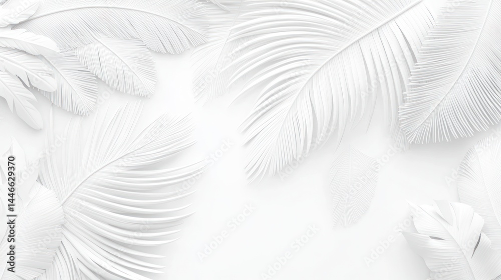 Fototapeta premium Monochromatic tropical leaves arranged artfully on a light background. Detailed veining and textures of white palm leaves create a delicate design