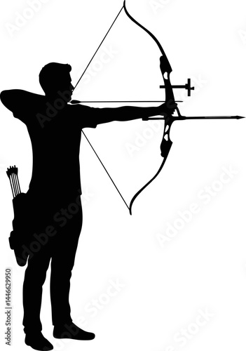 Silhouette Archer Aiming Bow – Side View Full Draw Vector Illustration