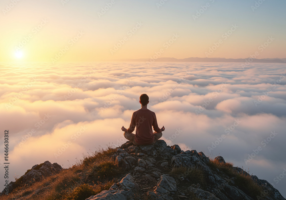 Obraz premium person meditating on mountain in clouds ethereal peak view