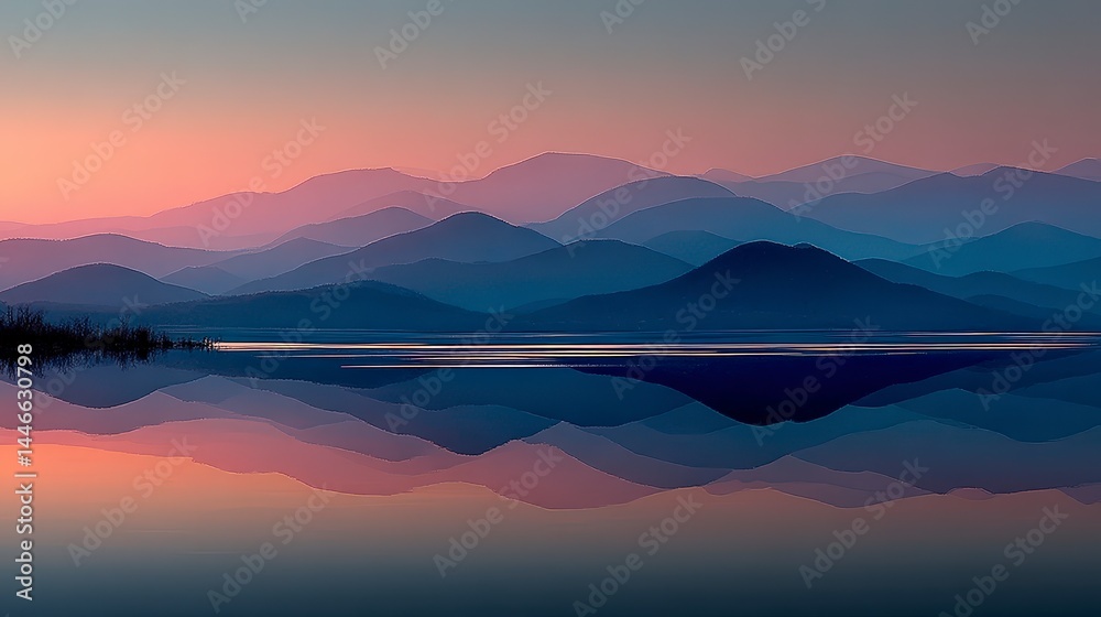 Fototapeta premium Serene Sunset Mountain Lake Reflection Peaceful Landscape