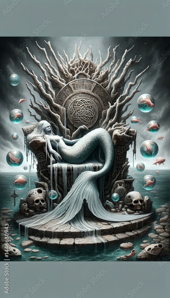 Fototapeta premium Mermaid queen on stone throne in mystical underwater realm