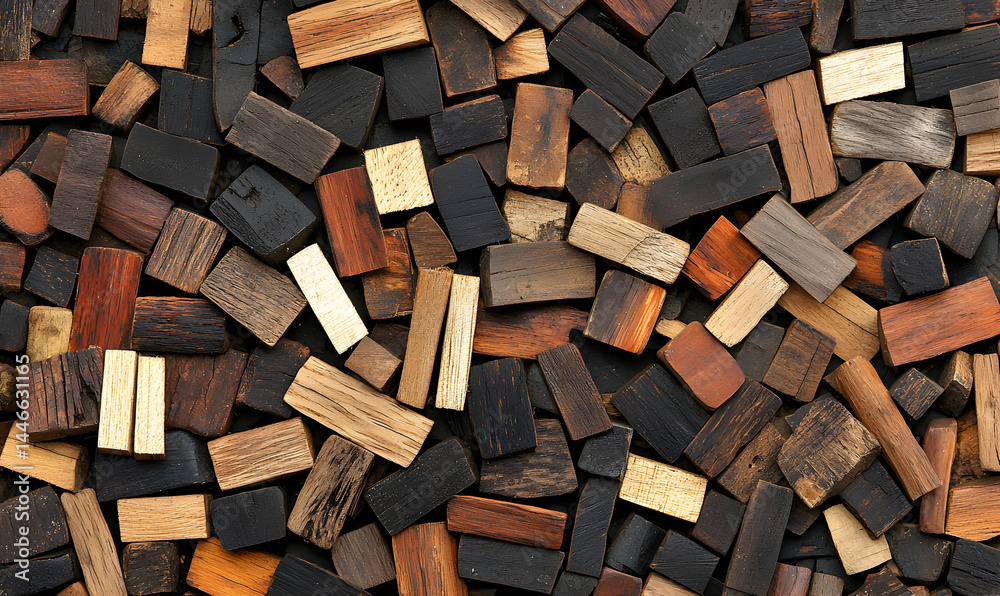 Wood mosaic Blocks of varying tones and sizes form an intricate textured surface, creating a captivating visual effect Wood mosaic Blocks of varying tones and sizes form an intricate textured surface, creating a captivating visual effect