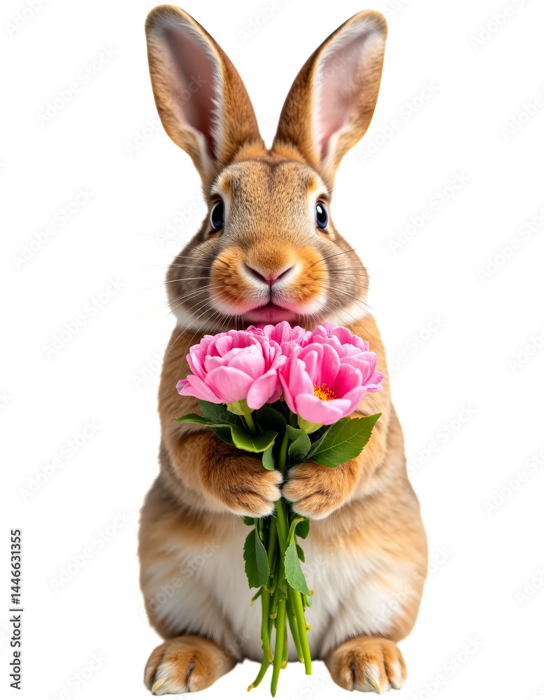 Obraz premium Bunny Holding Pink Tulips, Transparent Background. Spring, Easter, Gift.