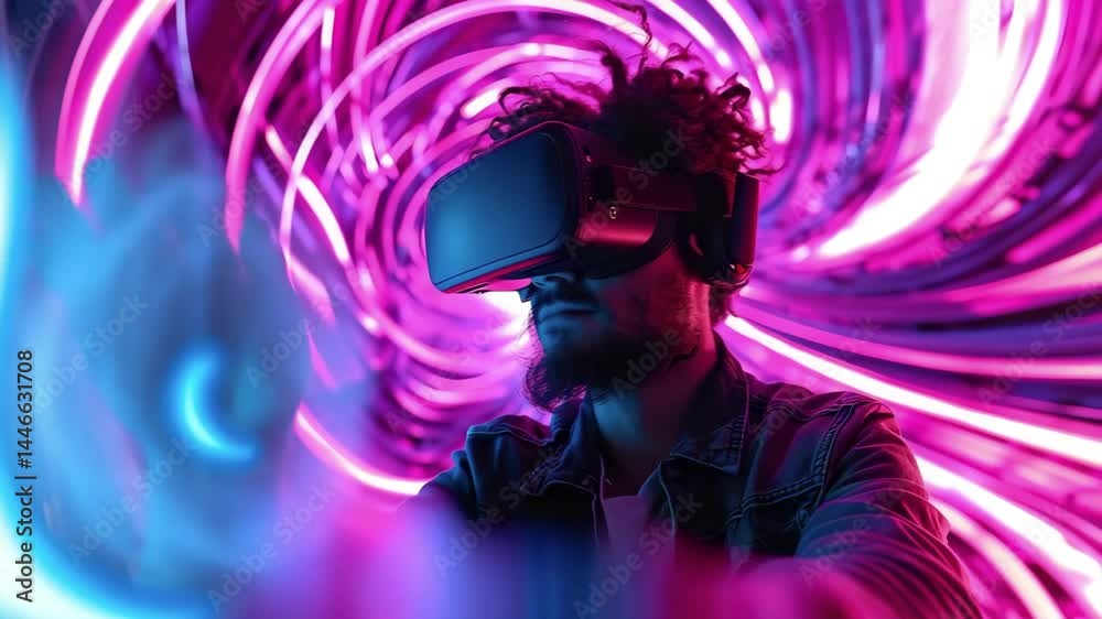 Man experiencing a vibrant virtual reality world Start with a person wearing a VR headset, surrounded by dynamic neon energy