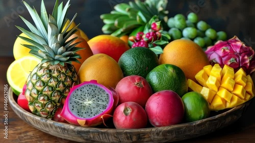 Vibrant array of tropical fruits in wooden bowl fresh colorful healthy fruits natural food display tropical fruit variety fresh produce close up shot of fruits