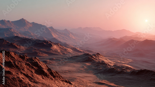 Serene Martian landscape at sunrise with soft warm light casting long shadows over rugged red rocky mountains and valleys, evoking peaceful and otherworldly atmosphere