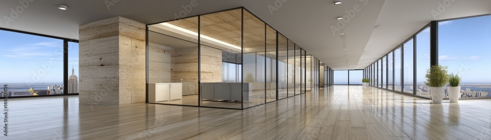 Fototapeta premium Spacious, empty office with glass walls & doors Clean, bright interior perfect for showcasing commercial spaces - empty available professional commercial lines