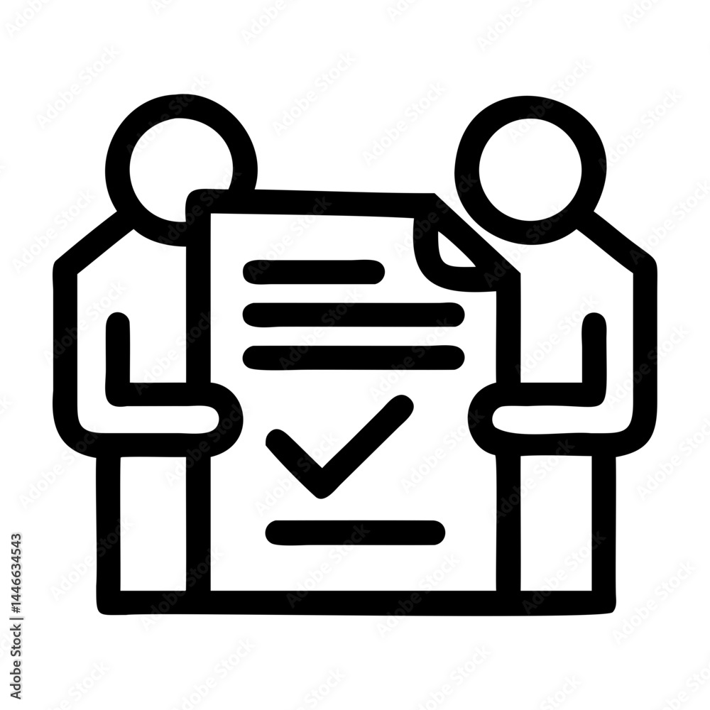 Minimal icon of two people holding document with checkmark symbol in black outline transparent background Minimal icon of two people holding document with checkmark symbol in black outline transparent background