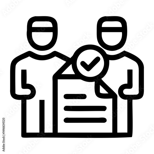 Two user icon holding agreement paper with checkmark drawn in minimalist style on transparent background