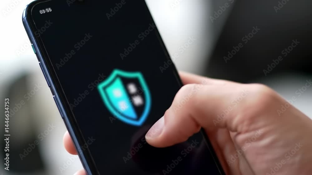 Mobile security app being accessed on a smartphone screen in a modern setting