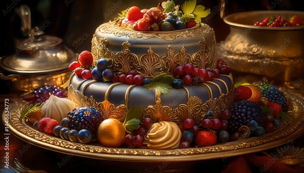 Naklejka premium Gold and black cake with fresh fruits on gold platter