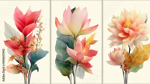 Elegant Watercolor Floral Triptych  Pink  Maroon Flowers  Botanical Art  Wedding Invitatio