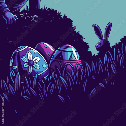 Easter Eggs Bunny Hiding Grass Illustration