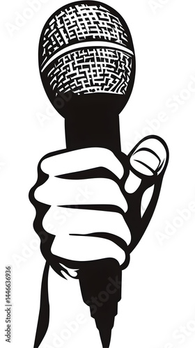 Hand Holding Microphone Illustration, Black And White Graphic Art, Isolated Transparent Background