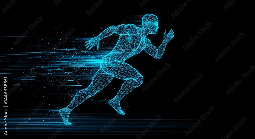 Fototapeta premium A luminous, polygonal runner dashes forward against a stark black backdrop, energy trails