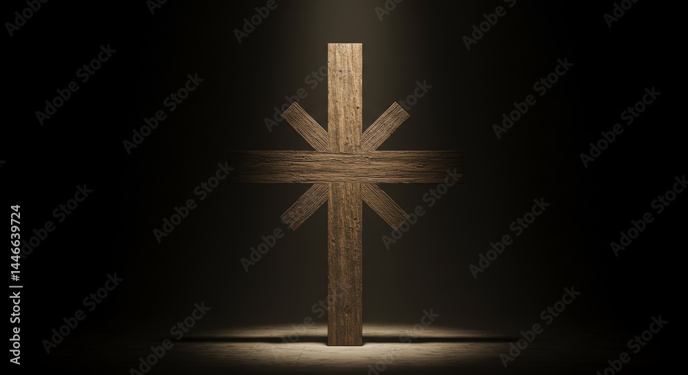 Naklejka premium Rustic Wooden Cross: Dramatic Light, Spiritual Mood