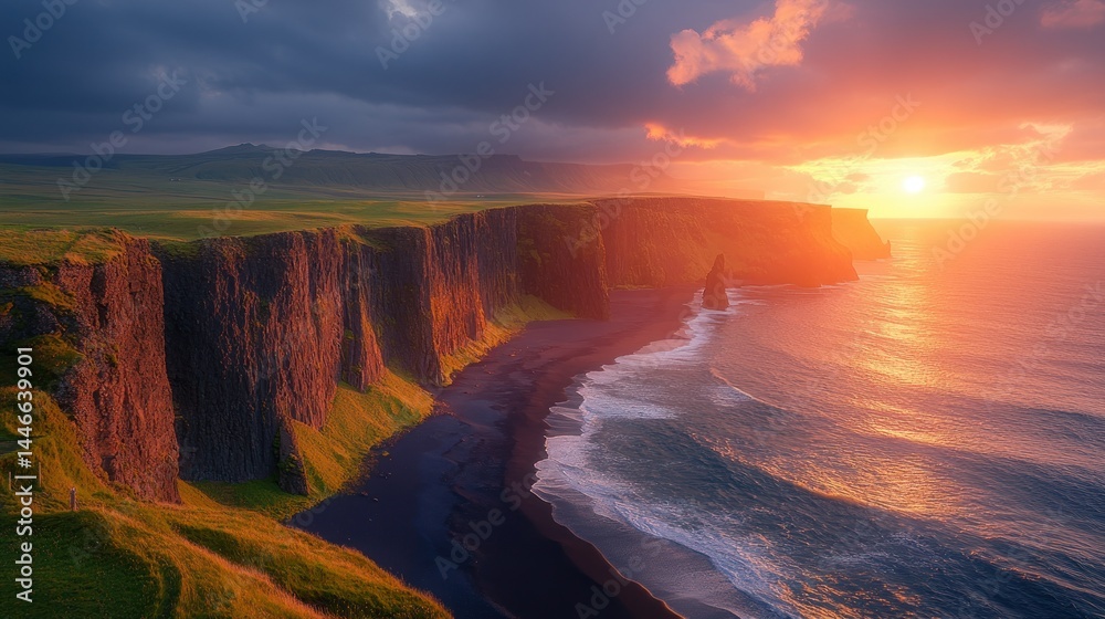 Naklejka premium Dramatic sunset over black sand beach and cliffs