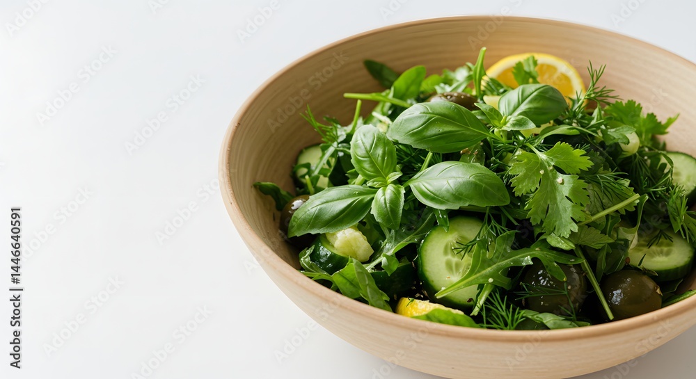 A wooden bowl filled with a fresh salad containing basil cucumber and lemon on a white background A wooden bowl filled with a fresh salad containing basil cucumber and lemon on a white background