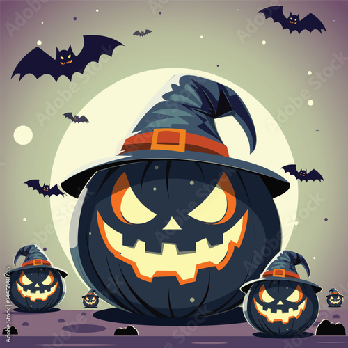 Art & Illustration 2D Flat cartoon jack-o'-lantern with glowing eyes and a big toothy smile. Great for Halloween designs, party invites, and spooky merchandise.