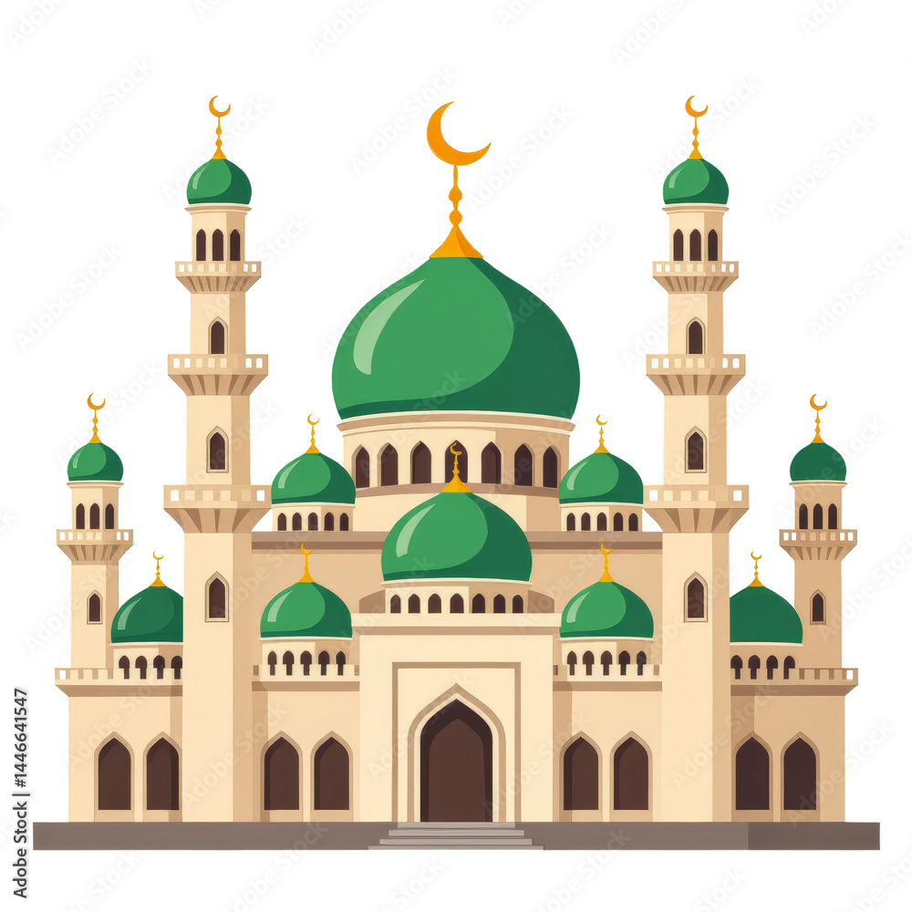 Fototapeta premium Cartoon Mosque with Green Domes & Crescent Moons, Transparent Background