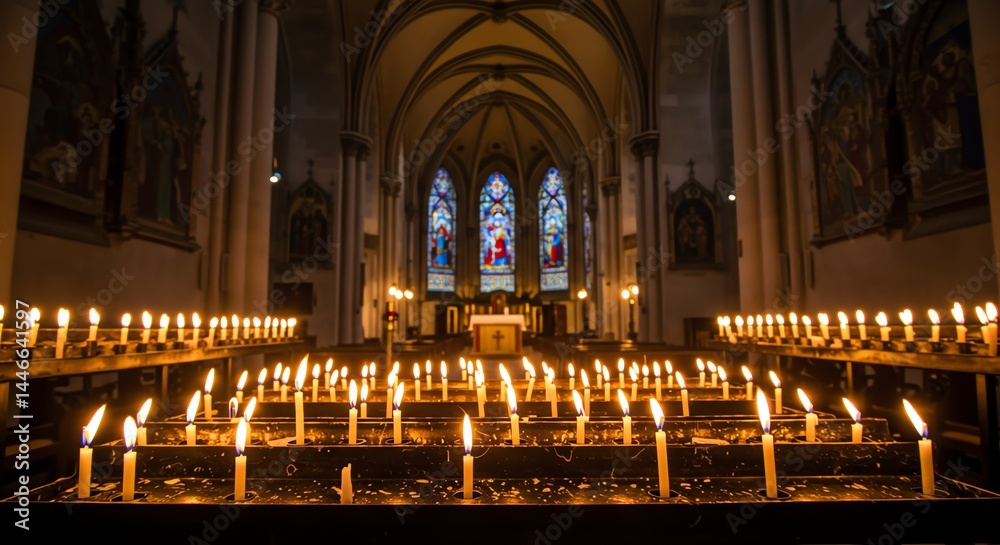 Fototapeta premium Church Interior: Lit Candles and Stained Glass Serenity