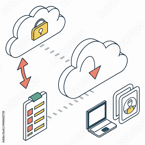 Isometric Cloud Computing Data Transfer Process Secure Network Connection Illustration