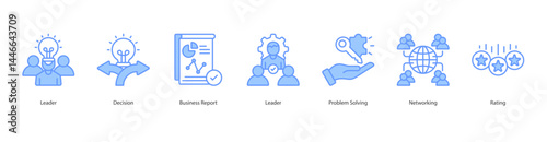 Leadership icon sheet vector illustration leader, decision, business report, leader, problem solving, networking, rating