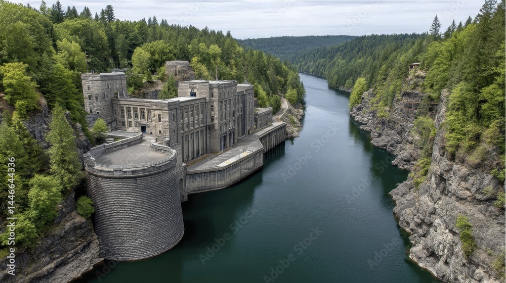 Fototapeta premium Hydroelectric dam generating clean power, river flowing, sustainable resource management - technology engineering protection generation
