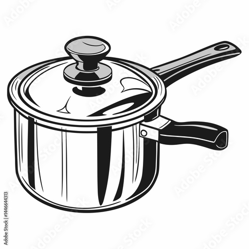 Vector Illustration Of Stainless Steel Cooking Pot With Lid And Handle