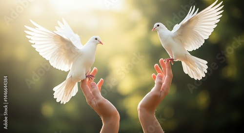 Serene White Doves Landing on Gentle Hands: A Peaceful Image
